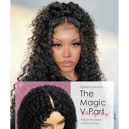 QUEEN VIRGIN REMY QVR Lace V-Part Wig Human Hair Kinky Curly No Leave Out V Shape Full Head Clip In Half Wig with Drawstring Natural Black Curly U Part Human Hair Wig for Black Women 18 Inch