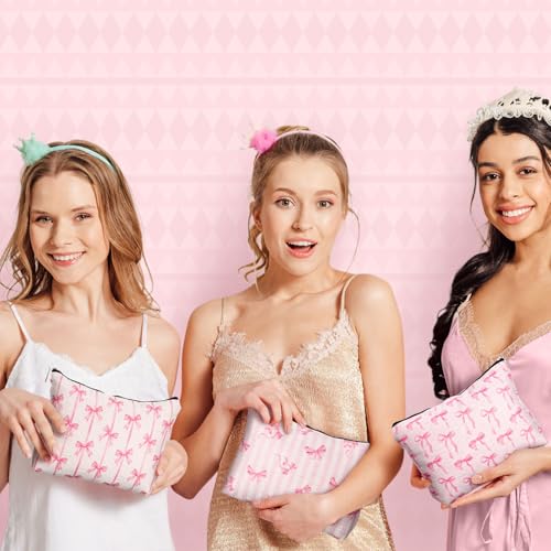 Kacctyen 6 Pack Pink Coquette Bow Makeup Bag Preppy Cosmetic Bags Zipper Pouch Travel Toiletry Bag Pink Trendy Pouch Bag Gift for Coquette Birthday Paty Favor Girls Travel Storage Accessories
