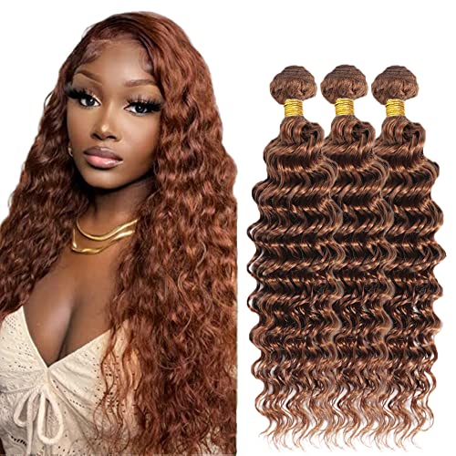 #30 Brown Bundles Deep Wave Bundles Human Hair 14 14 14 Inch Light Brown Deep Wave Bundle Unprocessed Brazilian Virgin Weave Hair 3 Bundle 50 Gram Per Bundle