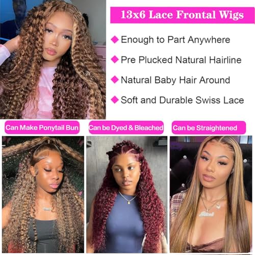 30 Inch Honey Blonde Highlight Ombre Lace Front Wig Human Hair 200% Density 13x6 HD Deep Wave Curly Wig Pre Plucked with Baby Hair