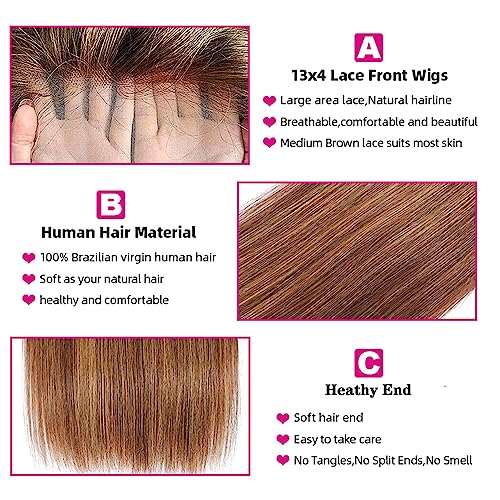 VIPbeauty 30 inch 4/27 Honey Blonde Lace Front Wig Human Hair 13x4 HD Transparent Lace Front Wigs Highlight Ombre Lace Front Wig Straight Lace Front Wigs 180% Density Pre Plucked with Baby Hair