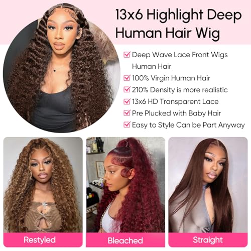 Chocolate Brown Lace Front Wig 13x6 Deep Wave Lace Front Wigs Human Hair Pre Plucked Brown Wig Human Hair 210 Density Frontal Wigs Human Hair Glueless Wig For Women