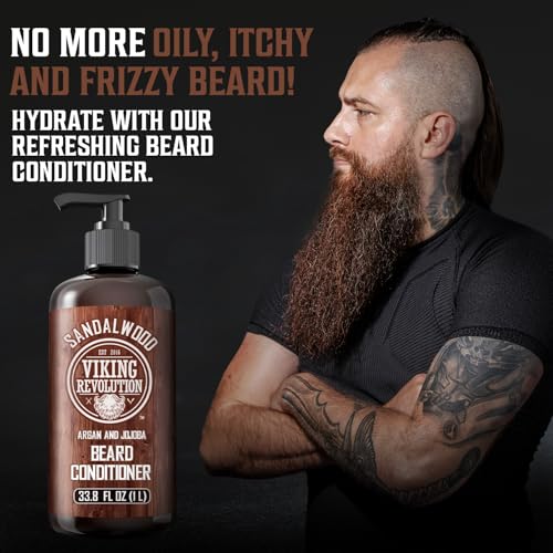 Viking Revolution Sandalwood Beard Conditioner for Men with Argan Oil and Jojoba Oil - Beard Softener and Strengthener Natural Beard Conditioner - Beard Care Moisturizer with Aloe Vera (33.8 Fl oz)