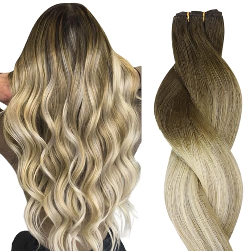 HOTBANANA Sew in Hair Extensions, 22inch 110g Ombre Walnut Brown to Ash Brown and Bleach Full Head Weft Real Human Hair Extensions Straight