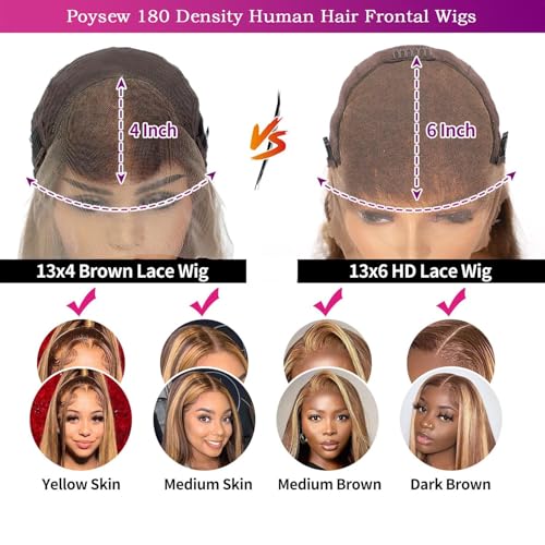 28inch Highlight Ombre Lace Front Wig Human Hair 13x6 HD Transparent 4/27 Honey Blonde Lace Frontal Wigs Pre Plucked with Baby Hair Straight Lace Front wigs Human Hair Colored 180% Density