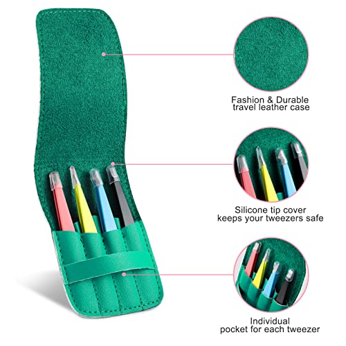 Eyebrows Tweezers Set, 4Pcs Stainless Steel Tweezers for Women with Travel Case, Great Precision for Ingrown Hair, Facial Hair and Splinter Removal