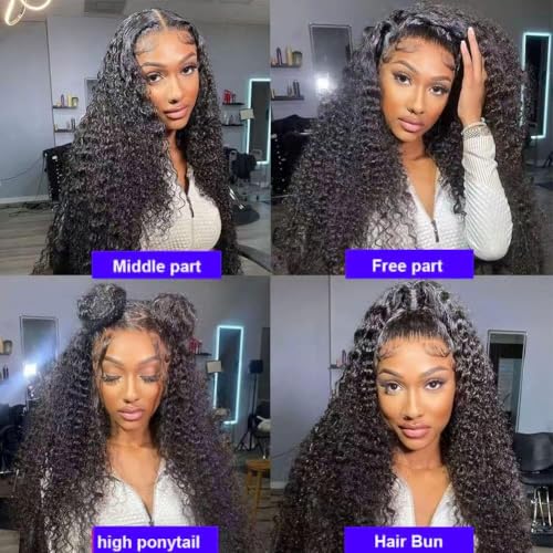 Oxcart Deep Wave Lace Front Wigs Human Hair 28 Inch 200 Density 13x6 HD Lace Frontal Wigs Pre Plucked Glueless Brazilian Virgin Human Wig with Baby Hair Deep Wave Wigs for Women Natural Black