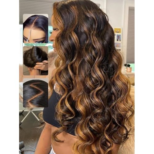 Sunber Ombre Highlight Brown Body Wave Human Hair Glueless Balayage Wigs Pre Cut 7x5 HD Lace Front with Elastic Drawstring 150% Density Put On and Go Pre Plucked Pre Bleached Invisible Knots 18Inch