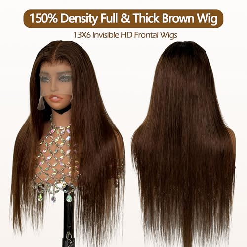 Brown Straight Lace Front Wigs Human Hair 180 Density Chocolate Brown Lace Front Wig Straight 12A 13x6 HD Transparent Full Lace Frontal Wigs Pre Plucked 26 Inch