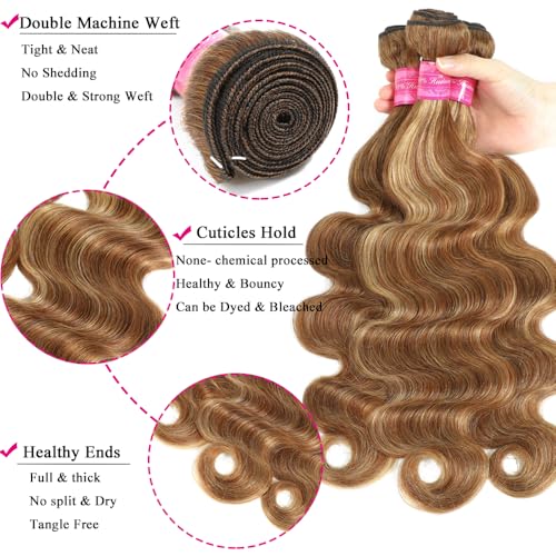 4/27 Brown Highlight Body Wave Bundles Human Hair 100% Unprocessed Brazilian Virgin Hair Honey Blonde Human Hair Body Wave Bundles Wet and Wavy