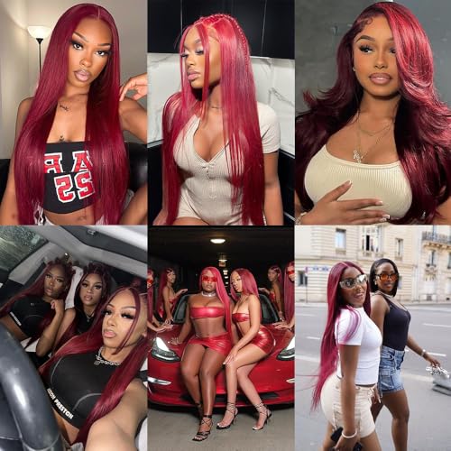 34 Inch Burgundy Wig Human Hair 180% Density 13x4 99J Burgundy Lace Front Wigs Human Hair Pre Plucked Wine Red Colored Straight Lace Front Wigs Red Wigs Lace Frontal Wigs for Black Women