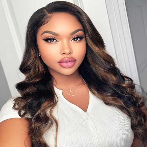 P1B/30 Ombre Brown Highlight Body Wave Bundles with 4x4 HD Lace Closure 20 22 24+20inch 12A Brazilian Human Hair Pre Plucked Natural Black to Blonde Bundles