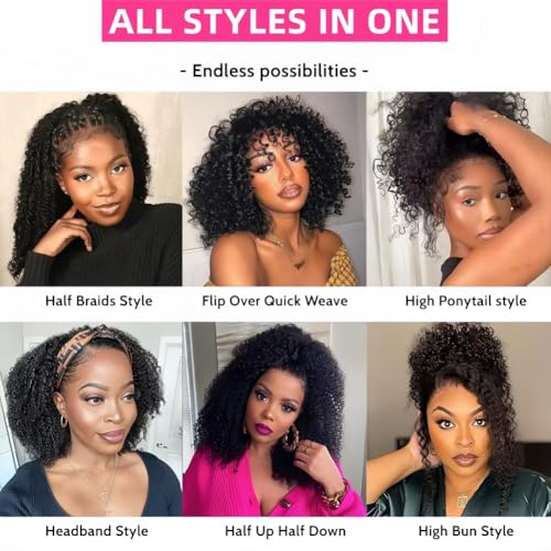 24 Inch Half Wig Human Hair 200 Density Curly Half Wig 3 IN 1 Half Wig With Drawstring Seamless Clip Ins Flip Over Glueless Wigs Human Hair Wear and Go Headband Wig No Glue No Lace for Women