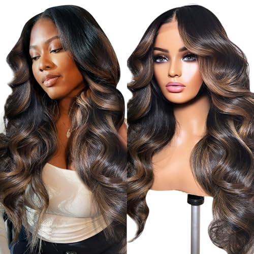 Ombre Body Wave Lace Front Wig Human Hair13x4 FB30 Highlight Lace Front Wig Human Hair 200% Density Balayage wig Human Hair Pre Plucked hd Transparent Lace Blonde Wig 24 INCH