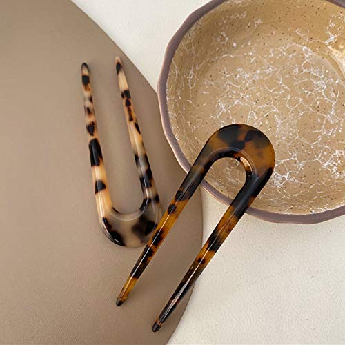 2 Pack Benefree French Style Cellulose Acetate Tortoise Shell U Shaped Hair Pins Fork 2 Prong Updo Chignon Pin for Women Girls Hairstyle Accessories£¨Tortoiseshell and White Tortoiseshell)