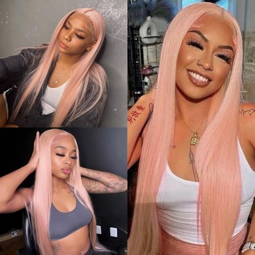 Pink Lace Front Wig Human Hair Pre Plucked With Baby Hair Pink Straight Wig Human Hair 13x4 20inch 180% Density HD Transparent Glueless Colored Wig for Cosplay