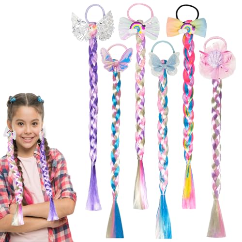 6 Pcs Rainbow Color Braids Hair Extensions - Ponytails & Bows with Rubber Bands - Glitter Braided Wig - Cosplay Hair Accessories for Girls & Women