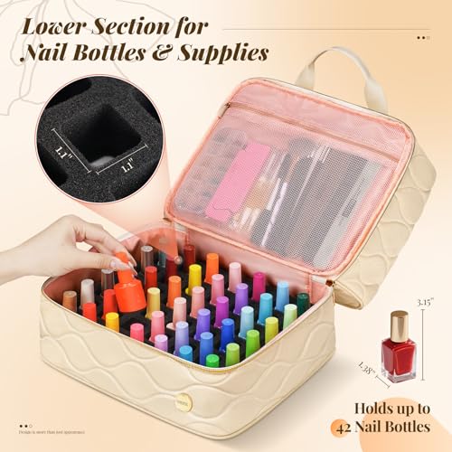 YOREPEK Nail Polish Organizer Case Holds 42+ Bottles (15ml/0.5 fl.oz), 2-Layer Nail Kit Bag with Compartments for Nail Supplies, UV Lamp, Nail Tech Organizers and Storage for Manicure Tools, Beige