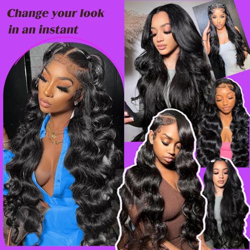 32 Inch 13x6 Body Wave Lace Front Wigs Human Hair 200 Density HD Lace Front Wigs Pre Plucked Brazilian Virgin Human Hair Wigs for Women Glueless Frontal Wigs Human Hair Natural Black Body Wave Wig