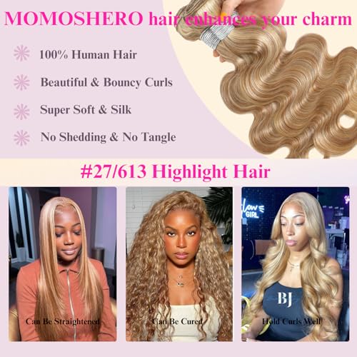 F27/613 Blonde Highlight Human Hair Bundles Body Wave, 13A Soft Honey Blonde Body Wave 3 Bundle Healthy 100% Virgin Hair #27/613 Highlight Mix Colored Wavy Weave for Women 3pcs 14 16 18 Inch