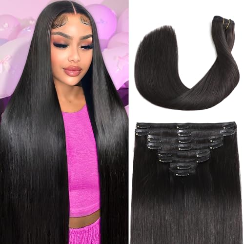 Clip in Hair Extensions Real Human Hair,100% Brazilian Remy Human Hair Clip ins for Women, Straight Seamless Double Weft Hair Extensions, Invisible 8pcs, 14 Inch 80g, #1B Natural Black