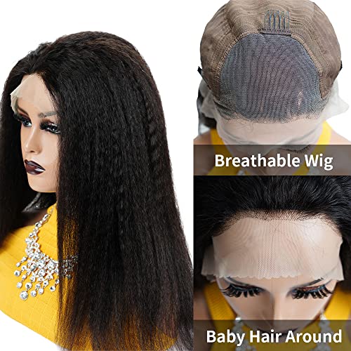 13X4 Kinky Straight Lace Front Wigs Human Hair for Women,26 inch Glueless Kinky Straight Human Hair Wig Pre Plucked HairLine with Baby Hair,180% Density Yaki Straight Lace Wigs Natural Black Color