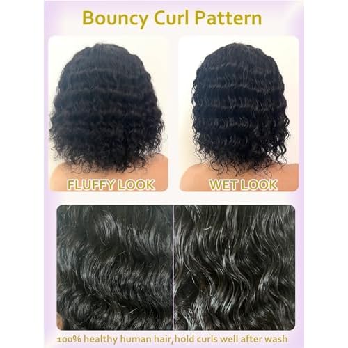 Short Curly Wigs for Black Women Wear and Go Side Part Deep Wave Bob Wig Human Hair Glueless Wigs Human Hair Pre Plucked Pre Cut Wet and Wavy Natural Black Lace Front Wig 12 Inch Daily Hairstyle