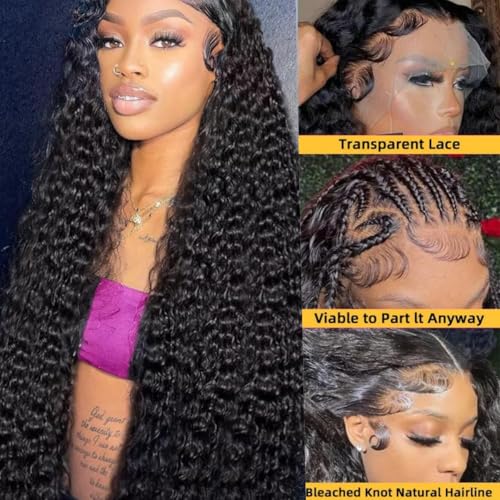 13x6 Deep Wave Lace Front Wigs Human Hair 220 Density HD Transparent Pre Plucked Deep Curly Frontal Wigs Human Hair for Women Natural Black 32 Inch