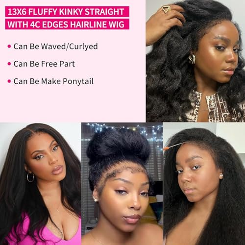 4C Edges Kinky Straight Wig Human Hair 13x6 UHD Lace Frontal Wigs Pre-Cut Pre-Plucked 200% Density Yaki Straight Human Hair Wig Black Pre-Bleached Tiny Knots 18 Inches Chrismas Party Wigs