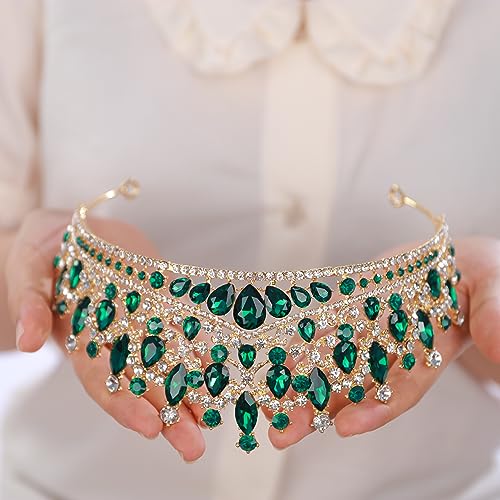 Women Girls Green Crystal Rhinestone Wedding Headband Royal Queen Crystal Headpiece Vintage Baroque Queen Teardrop Rhinestone Headband Favors Decorations and Accessories
