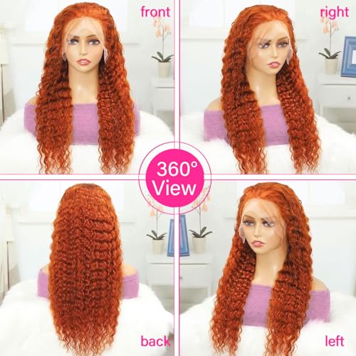 SOEZ 26 Inch Ginger Orange Lace Front Wigs Human Hair Deep Wave 13x4 HD Transparent Lace Frontal Wig for Women 180% Density Curly Wet and Wavy Lace Front Wigs Human Hair 350# Colored Glueless Wig