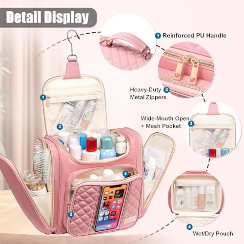 Travel Toiletry Bag for Women, Hanging Toiletry Bag, Bathroom Bag Portable Shower Caddy for College Dorm Travel Shower Bag for Women Water-Resistant Cosmetic Makeup Bag (Pink)