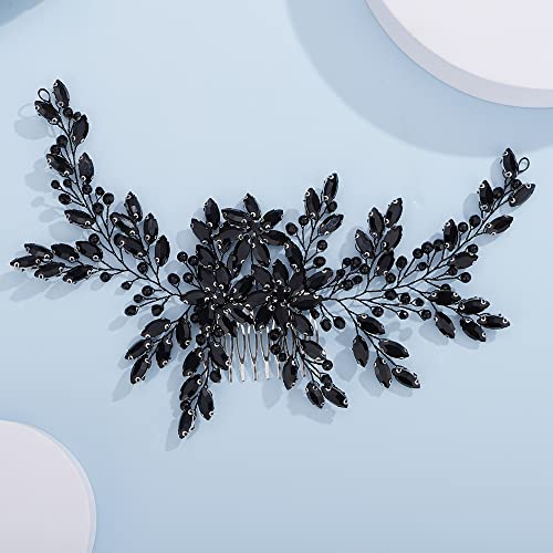 Teyglen Women Luxurious Bridal Hair Accessories - Dainty Large Crystal Pearl Flower Headband, Shiny Rhinestone Side Combs for Brides and Girls (Black)