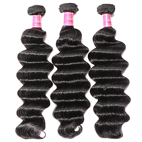Nadula Brazilian Loose Deep Wave Hair 3 Bundles Human Hair, Unprocessed Virgin Loose Deep Hair Weave Extension Natural Color (16 18 20)