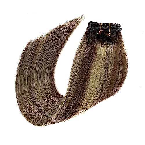 Human Hair Clip in Extensions Brown to Blonde Balayage Clip ins Extensions Remy Human Hair 16 Inch Clip on Extension Bleach Blonde Highlights Hair Extensions for Women Clip in 7Pcs 70g