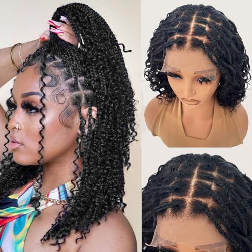 Munx Boho Braided Bob Wig Deep Curly 5x5 Lace Closure with Braided Bob Wigs HD Lace Front Pre Plucked 100% Human Hair 200% Density Square Knotless Boho Box Braiding Wig for Black Women 12in