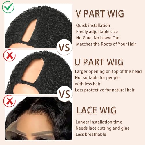 V Part Burmese Curly Wig Human Hair 200% Density Upgrade U Part Wig with Drawstring No Leave Out Glueless V Shape Full Head Clip In Half Wig Curly Human Hair Wig for Black Women Natural Color 18 Inch