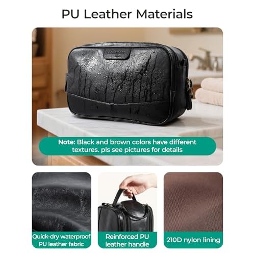 BAGSMART Toiletry Bag for Men, PU Leather Travel Bag for Toiletries, Dopp Kit Water Resistant Shaving Bag for Bathroom Shower-Black