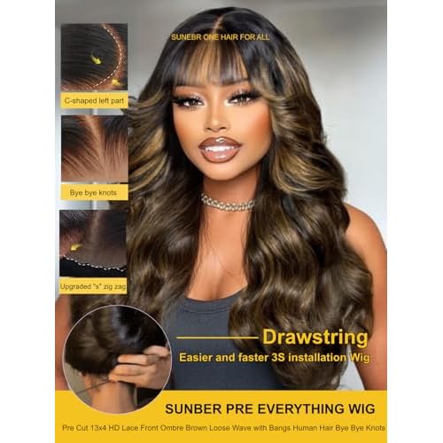 Sunber Ombre Brown Loose Body Wave With Bangs Pre Everything Glueless 13x4 HD Lace Front Human Hair Wig 180% Density Highlight Balayage Pre cut Lace Pre Plucked Bye Bye Knots Drawstring Wig 20Inch