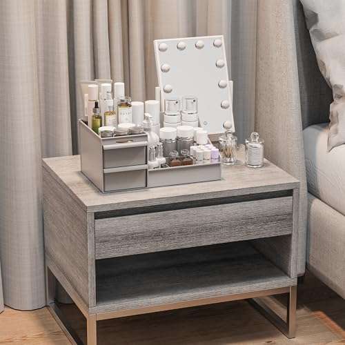 Grey&2 Drawers Makeup Organizer Countertop, Vanity Organizer with 7 Compartments and 2 Drawers for Cosmetics, Skincare, Brushes, Perfume, Bathroom Counter Organizer