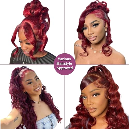Ubetta 99j Burgundy Lace Front Wigs Human Hair, Body Wave 13x6 Lace Front Wigs Human Hair, 32 Inch Glueless Wigs Human Hair Pre Plucked 180% Denstiy Red Burgundy Lace Frontal Wigs for Black Women