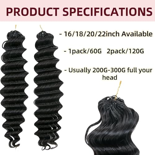 Deep Wave Knotless Pre-Separated Crochet Hair Extensions Human Hair Loose Wave Crochet Hair Natural Black Machine Made Feather Human Hair Extension 18inch 120g