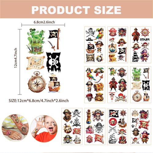 10Sheets Pirate Tattoos for kids - pirate stickers,Waterproof, Fun Designs for Parties, Easy to Apply, 3x3 Inches, Perfect for Pirate-Themed Birthday Parties,Pirate Party Decorations