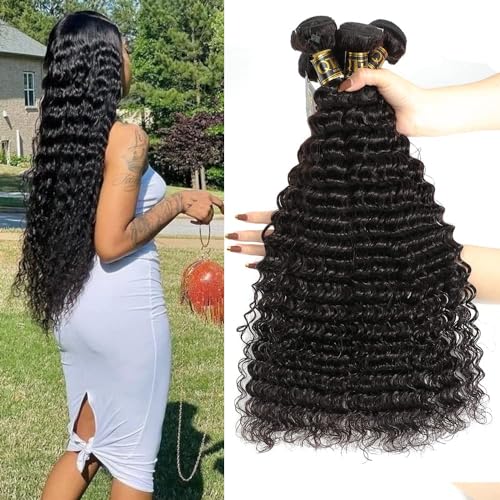 QTHAIR 16A Deep Wave Bundles 4 Bundles Human hair Brazilian Hair Deep Wave Bundles 100% Unprocessed Virgin Deep Curly Wavy Human Hair for Black Women (14 16 18 20Inch) Hair Extensions