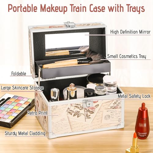 VNIMTI Makeup Train Case, Portable Makeup Box with Mirror, Cosmetic Storage Box for Women with Trays, Makeup Box Organizer for Vanity, Travel, Lockable& Large Capacity (Philatelic Style)