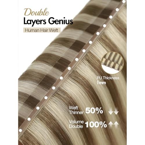 WIGER Genius Hair Extensions Real Human Hair Double Layer Hair Extensions Golden Brown Invisible Scalp-simulated Remy Human Hair With Highlights 100g Glueless Twin Tabs Piano Blonde PU Skin Weft