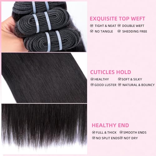 15A Raw Bundles Human Hair 18 20 22 Inch Straight Bundles Human Hair 100% Unprocessed Virgin Straight Weave 3 Bundles Quick Weave Hair Extensions Natural Black Color