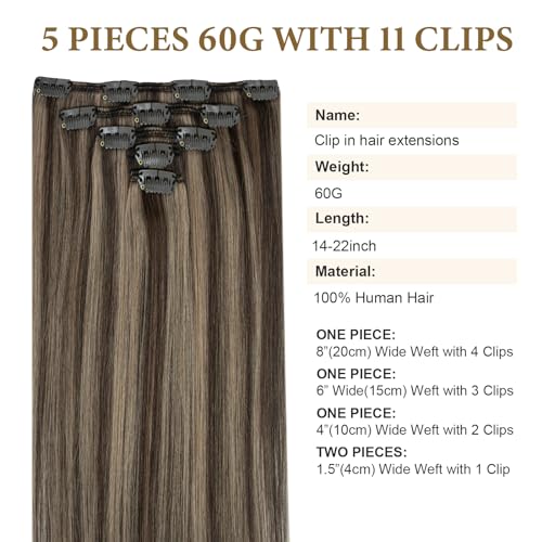 Remy Hair Extensions Clip in Human hair Chocolate Brown To Caramel Blonde Brazilian Clip on Real Human Hair Extensions Natural Straight Clip ins Hair for Women 16 Inch 60G 5 PCS Invisible Double Weft