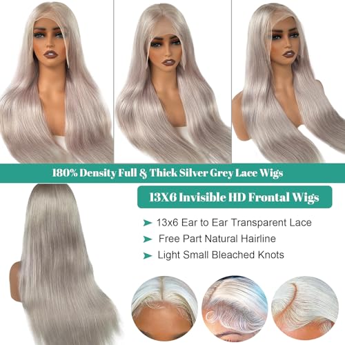 Munx Human Hair Lace Front Wig for Black Women 180% Density Thick 13x6 HD Transparent Glueless Wigs Wear and Go Silver Grey Real Human Hair Straight Pre Plucked Lace Front Wigs 22"