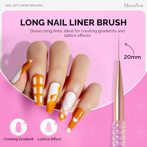 MelodySusie 5Pcs Nail Art Liner Brushes with Nail Brush Holder, Professional Gel Polish Painting Art Design Pen for Thin Long Lines, Tiny Details, Fine Drawing, Delicate Coloring Sizes 5/7/9/11/20mm